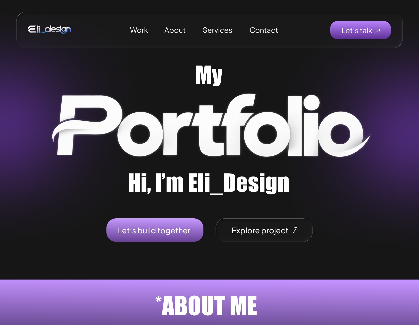 Eli Design portfolio: homepage, portfolio hero, and About Me heading.