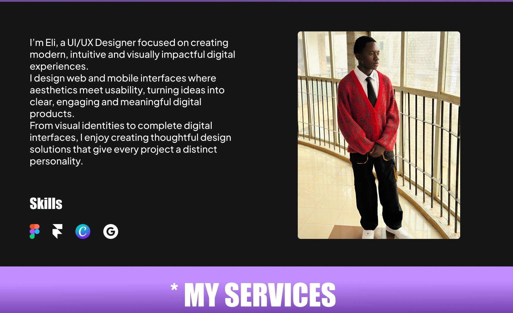 About Me biography, designer portrait, skills, and services heading.
