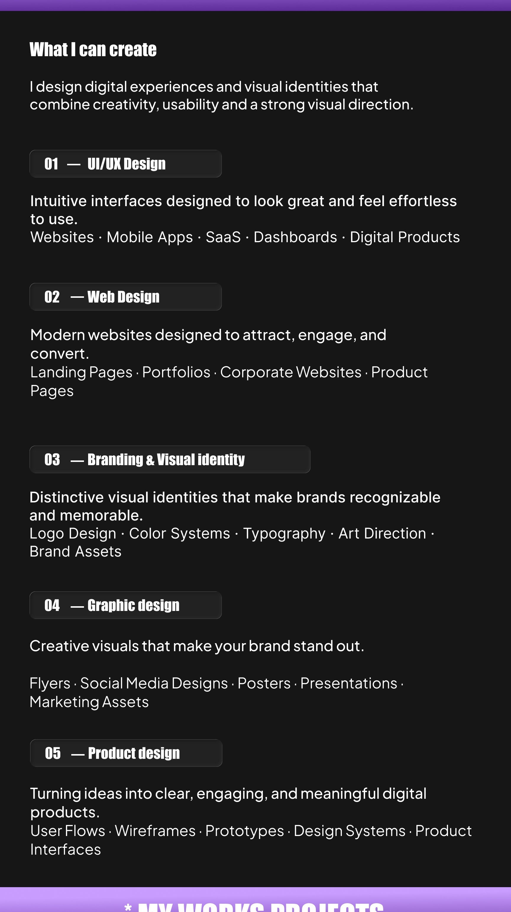 Eli Design services, portfolio heading, and UI/UX design section.