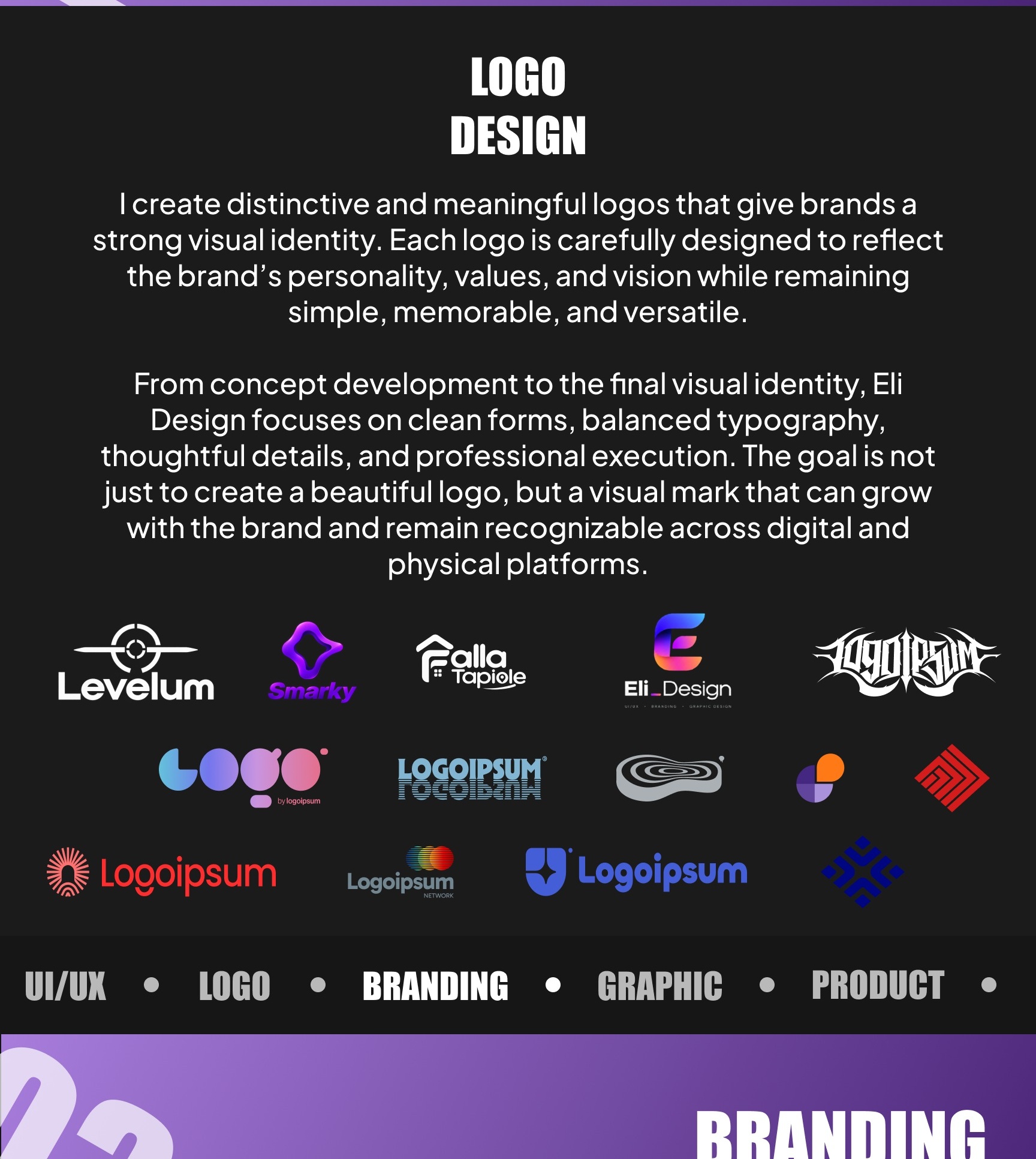 Logo design work and selected logo concepts.