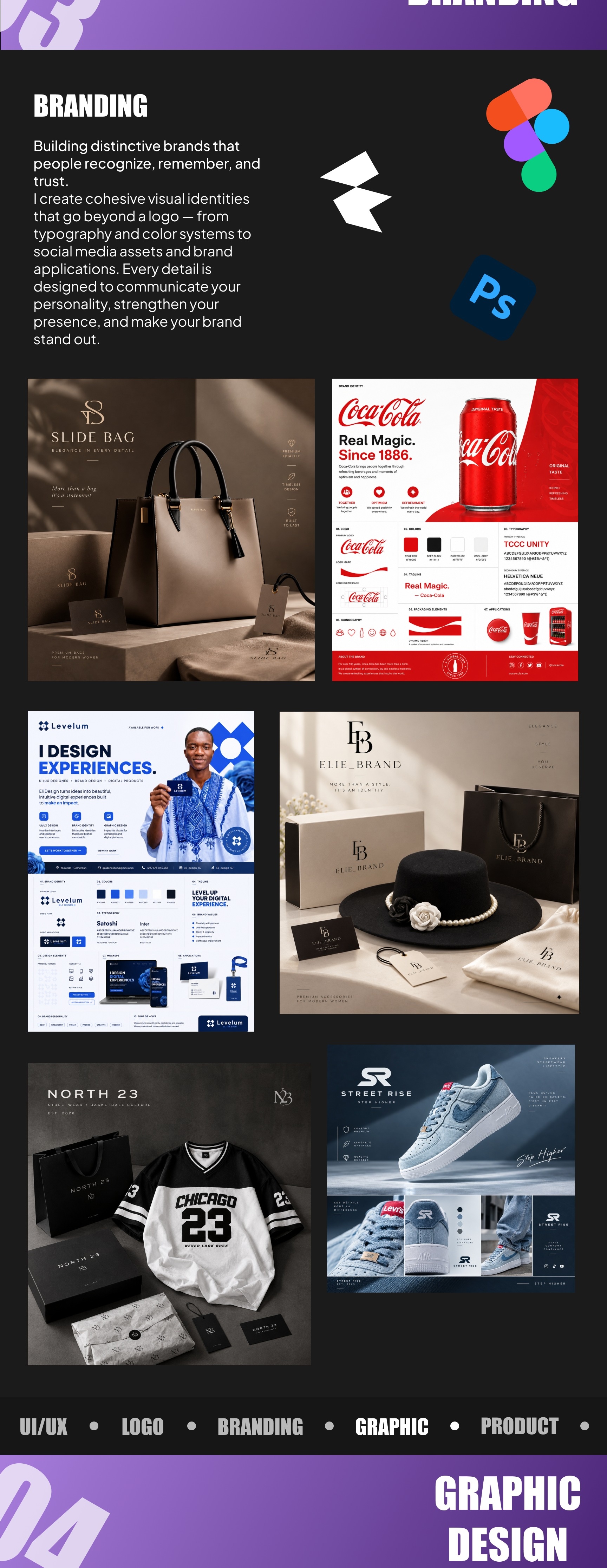 Branding projects, identity systems, and brand mockups.