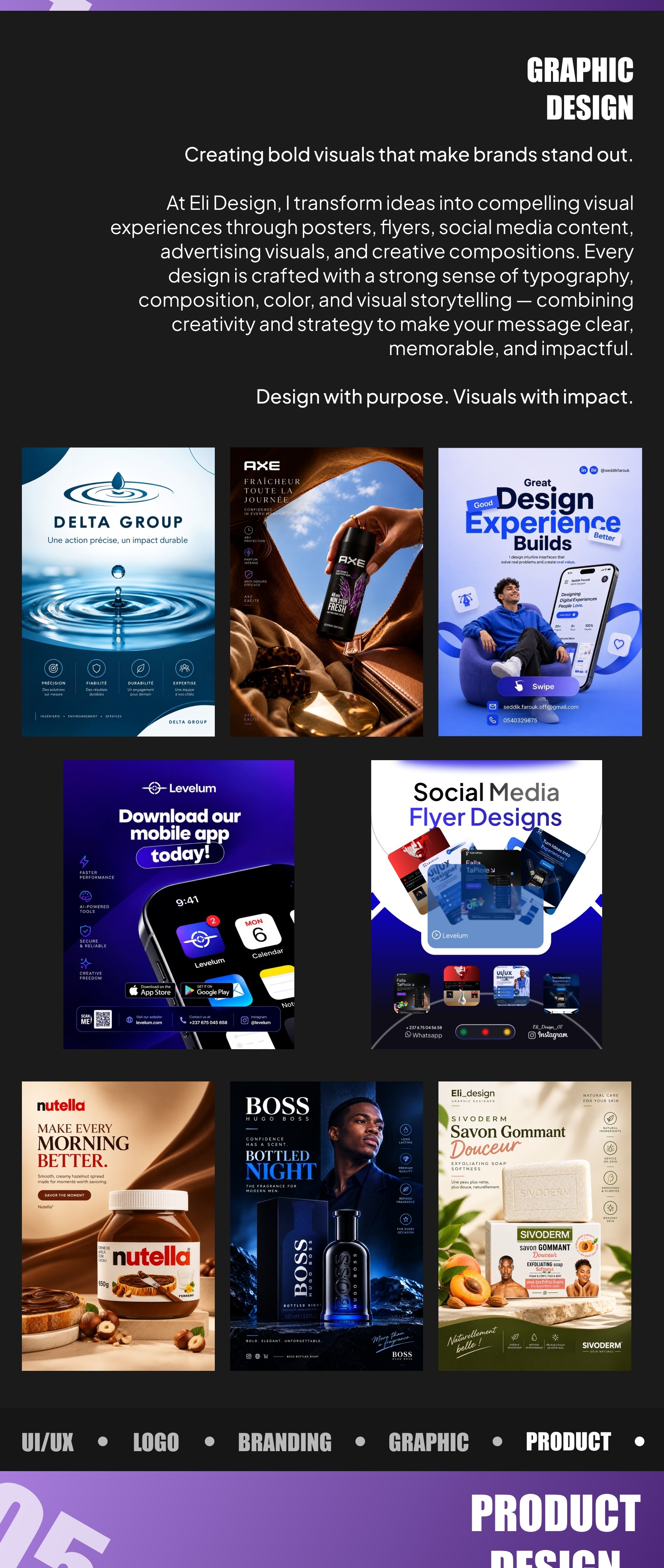 Graphic design posters and promotional visuals.