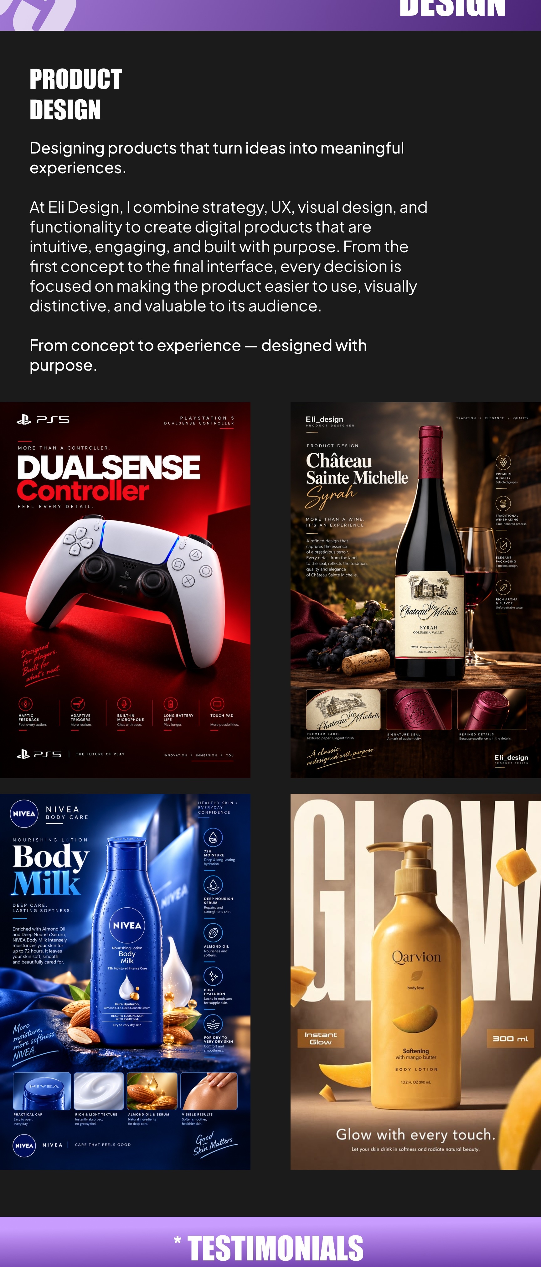 Product design projects, including DualSense Controller and packaging designs.